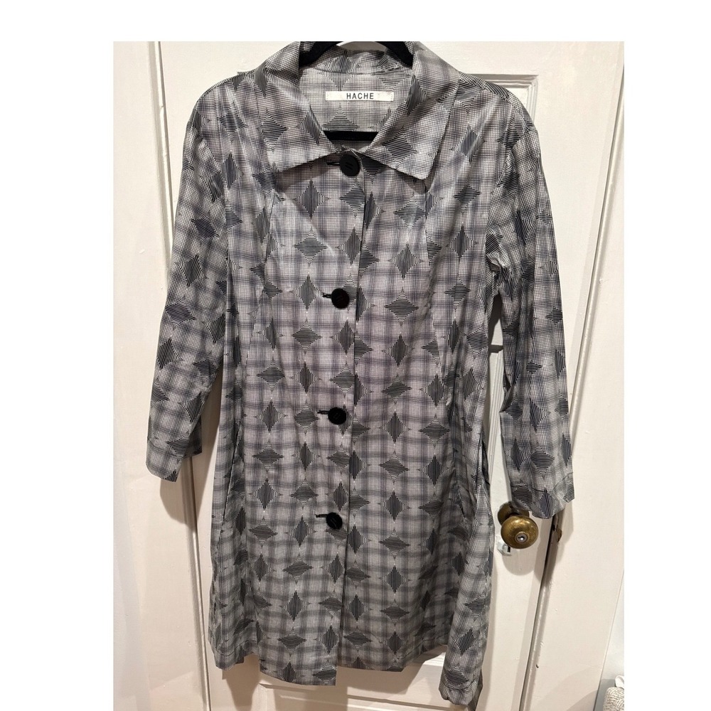 Hache Italy Womens Geometric Print Belted‎ Trench Coat Black White Made in Italy - Picture 2 of 5